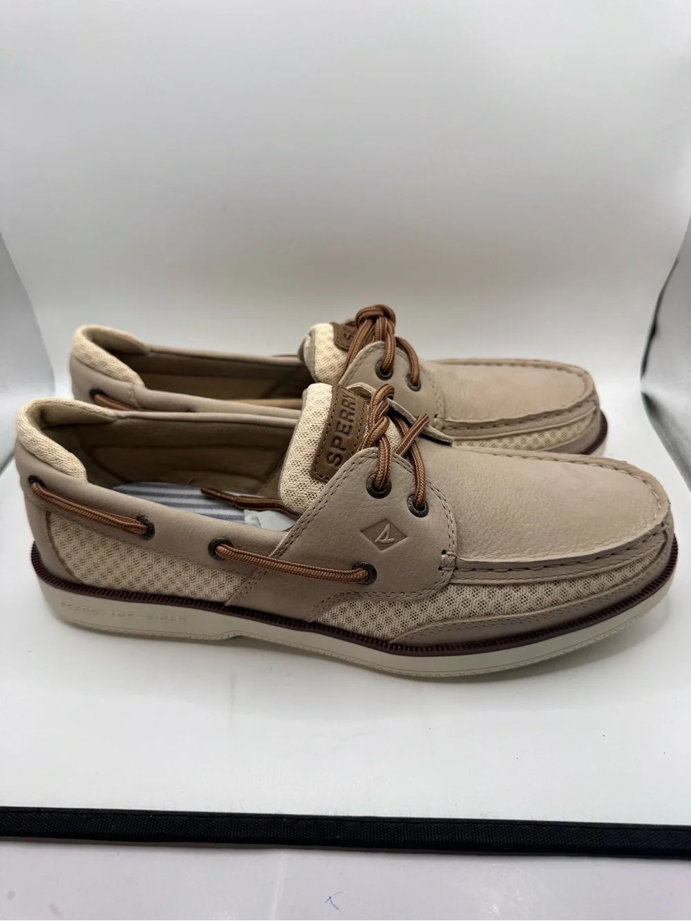 Sperry Men’s Light Beige and Brown Mesh & Leather Boat Shoe